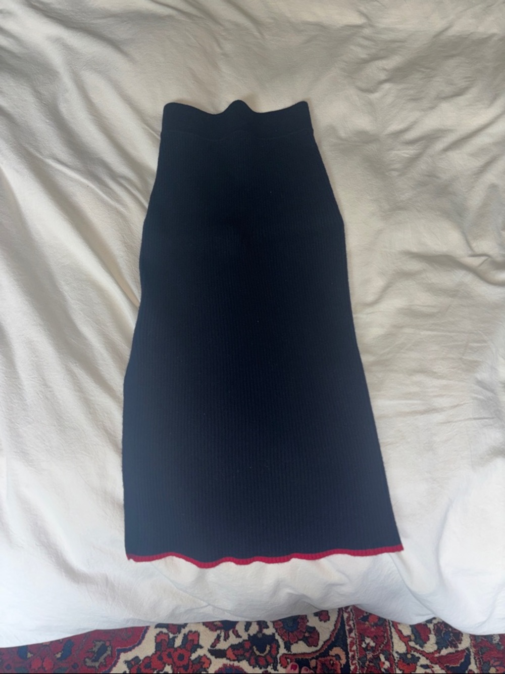Blue Knit Midi Skirt with Red Trim